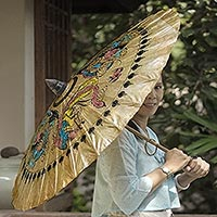 Paper parasol, 'Dragons and Peacocks' - Hand Made Paper and Bamboo Parasol