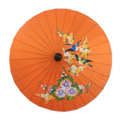 Sonnenschirm, „Vögel und Blumen auf Orange“. - Kunsthandwerklich gefertigter Sonnenschirm in Orange mit Vögeln und Blumen