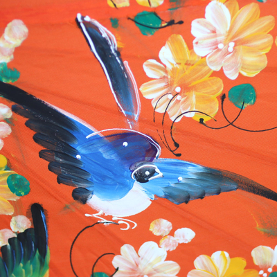 Parasol, 'Birds and Flowers on Orange' - Artisan Crafted Parasol in Orange with Birds and Flowers