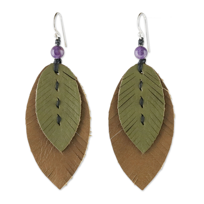 Amethyst and leather dangle earrings, 'Happy Leaves' - Amethyst and Leather Leaf Dangle Earrings from Thailand
