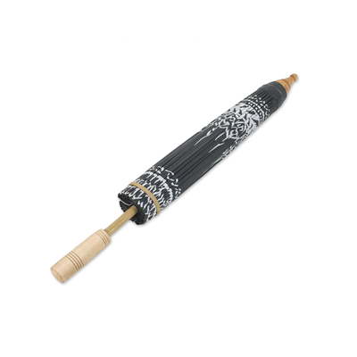 Sombrilla de algodón y bambú - Sombrilla de Algodón con Diseños Pintados a Mano en Plata