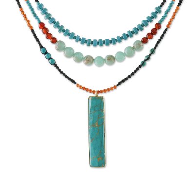 Multi-gemstone beaded pendant necklace, 'Painted Hillside' - Multi-Gemstone Carnelian and Calcite Necklace