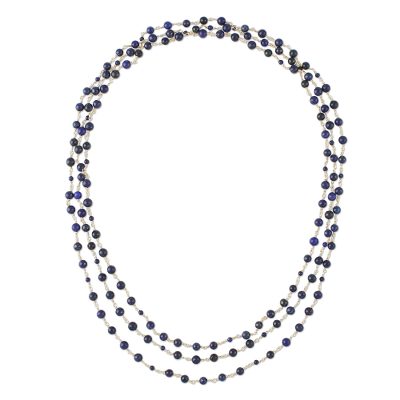 Lapis lazuli long link necklace, 'Andaman Sea' - Blue Lapis Lazuli and Brass Long Beaded Necklace