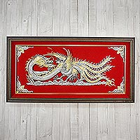 Aluminum repousse panel, 'Dragon & Phoenix' - Silver and Red Thai Repousse Panel of Dragon and Phoenix