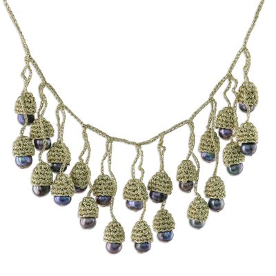 Cultured pearl waterfall necklace, 'Gold and Black Passion' - Thai Cultured Pearl Waterfall Necklace in Gold and Black