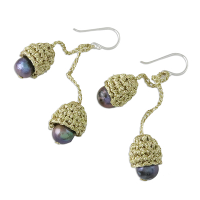 Cultured pearl dangle earrings, 'Gold and Black Passion' - Thai Cultured Pearl Dangle Earrings in Gold and Black