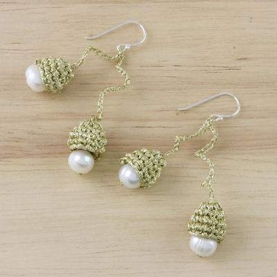 Cultured pearl dangle earrings, 'Gold and White Passion' - Thai Cultured Pearl Dangle Earrings in Gold and White