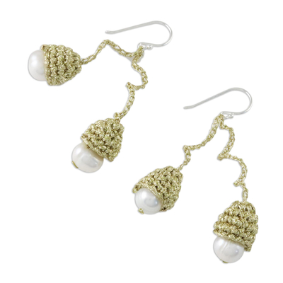 Cultured pearl dangle earrings, 'Gold and White Passion' - Thai Cultured Pearl Dangle Earrings in Gold and White