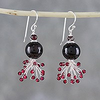 Garnet beaded dangle earrings, 'Fiery Burst' - Garnet Beaded Dangle Earrings from Thailand
