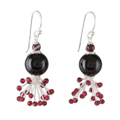 Garnet beaded dangle earrings, 'Fiery Burst' - Garnet Beaded Dangle Earrings from Thailand