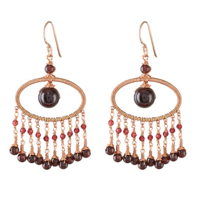 Garnet waterfall earrings, 'Charming Ovals' - Garnet Beaded Waterfall Earrings from Thailand