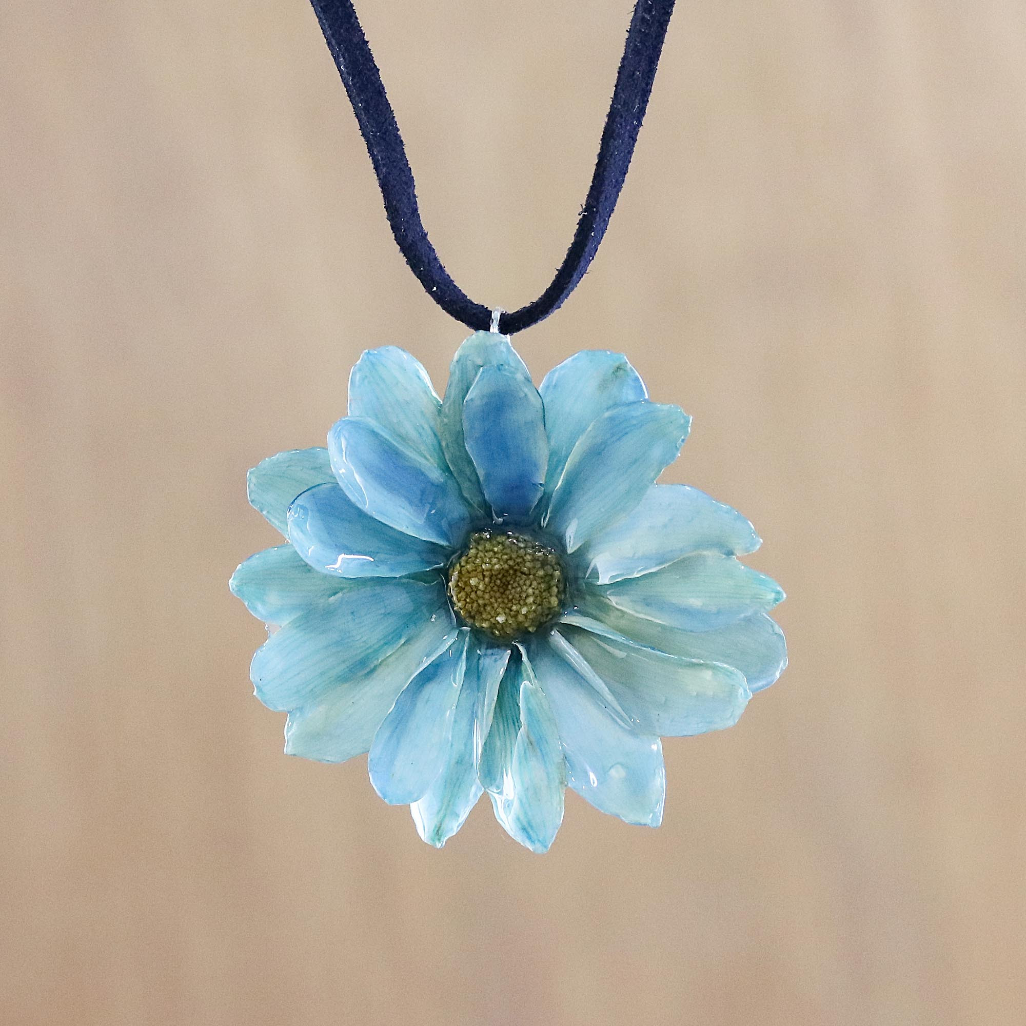 Blue Natural Aster And Leather Pendant Necklace View