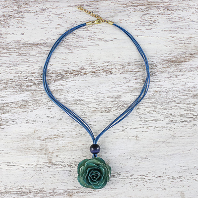 Natural rose pendant necklace, 'Rosy Chic in Green' - Natural Rose Pendant Necklace in Blue-Green from Thailand