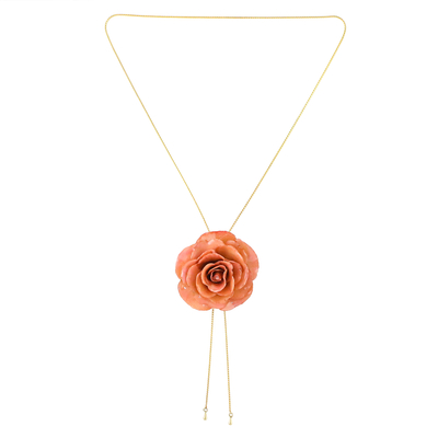 Natural flower lariat necklace, 'Peachy Rose' - Resin Dipped Real Peach Rose 24K Gold Plated Lariat Necklace
