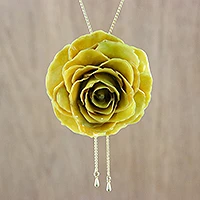 Natural flower lariat necklace, 'Sunlight Rose' - Resin Dipped Yellow Rose 24K Gold Plated Lariat Necklace