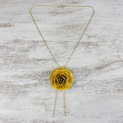 Lariat-Halskette mit natürlichen Blumen - Lasso-Halskette mit in Harz getauchter gelber Rose und 24-Karat-Goldplattierung