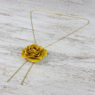Lariat-Halskette mit natürlichen Blumen - Lasso-Halskette mit in Harz getauchter gelber Rose und 24-Karat-Goldplattierung