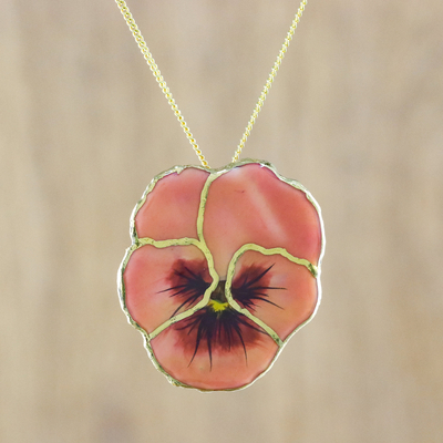 Gold accent natural flower pendant necklace, Peach Pansy