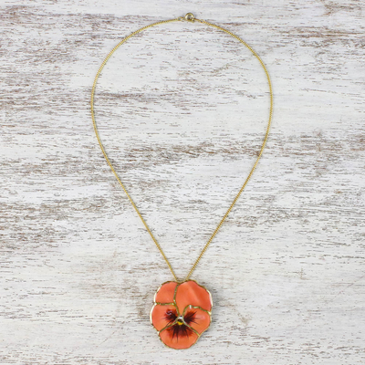 Gold accent natural flower pendant necklace, 'Peach Pansy' - Resin Dipped Natural Flower 24K Gold Accent Pendant Necklace