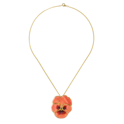 Gold accent natural flower pendant necklace, 'Peach Pansy' - Resin Dipped Natural Flower 24K Gold Accent Pendant Necklace