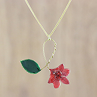 Gold plated natural orchid pendant necklace, 'Sweet Wine' - Red Natural Orchid Gold-Plated Pendant Necklace
