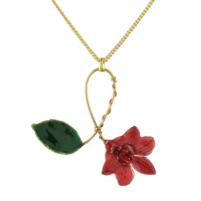 Red Natural Orchid Gold-Plated Pendant Necklace