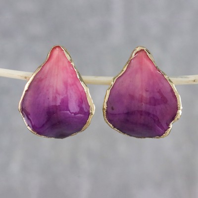 Resin Dipped 24k Gold Plated Purple Orchid Drop Earrings Pink Rock Resin Dipped 24k Gold Plated Purple Orchid Drop Earrings Pink Rock