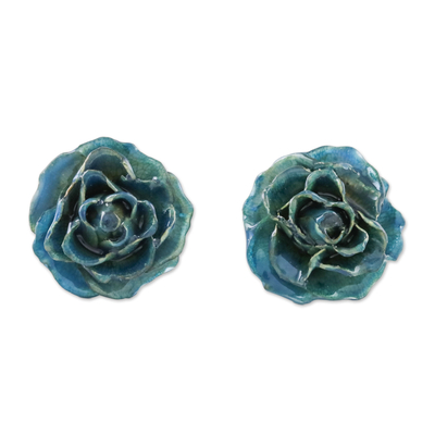 Resin Dipped Teal Real Miniature Rose Button Earrings