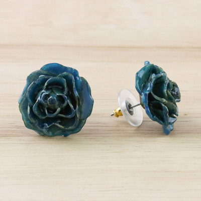 Resin Dipped Teal Real Miniature Rose Button Earrings - Petite