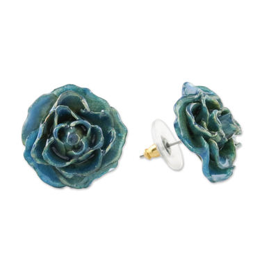 Natural flower button earrings, 'Petite Rose in Teal' - Resin Dipped Teal Real Miniature Rose Button Earrings