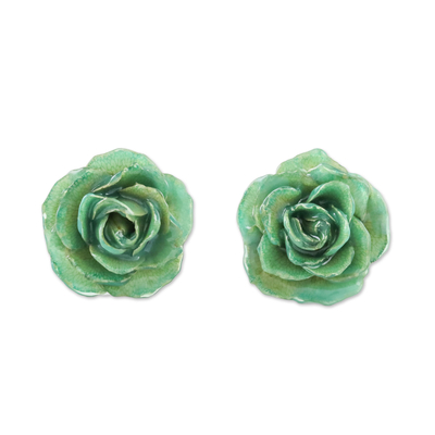 Resin Dipped Green Real Miniature Rose Button Earrings