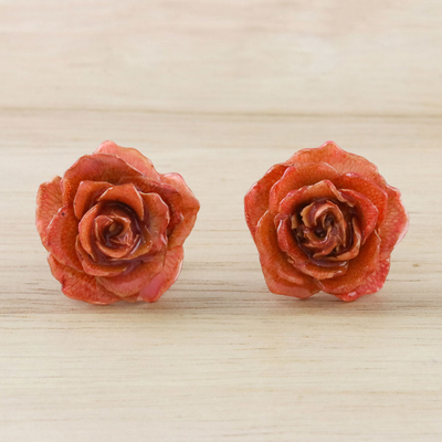 Resin Dipped Red-Orange Real Miniature Rose Button Earrings, 'Petite Rose  in Red-Orange'