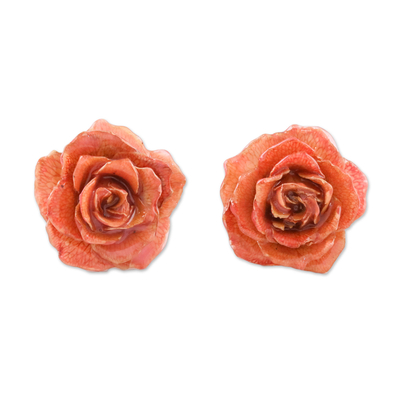 Resin Dipped Red-Orange Real Miniature Rose Button Earrings