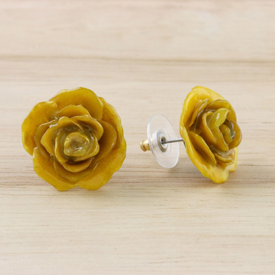 Resin Dipped Yellow Real Miniature Rose Button Earrings - Petite