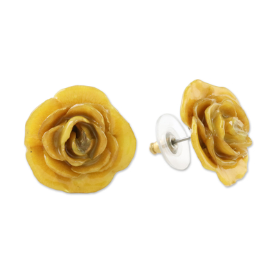 Ohrringe mit natürlichen Blumenknöpfen - In Harz getauchte gelbe echte Miniatur-Rosenknopf-Ohrringe