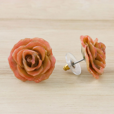 Ohrringe mit natürlichen Blumenknöpfen - In Harz getauchte hellorange Miniatur-Rosenknopf-Ohrringe