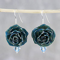 Natural flower dangle earrings, 'Captured Beauty in Teal' - Resin Dipped Teal Real Miniature Rose Dangle Earrings