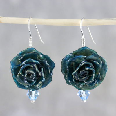 Pendientes colgantes flores naturales - Pendientes colgantes de rosa en miniatura real verde azulado sumergidos en resina