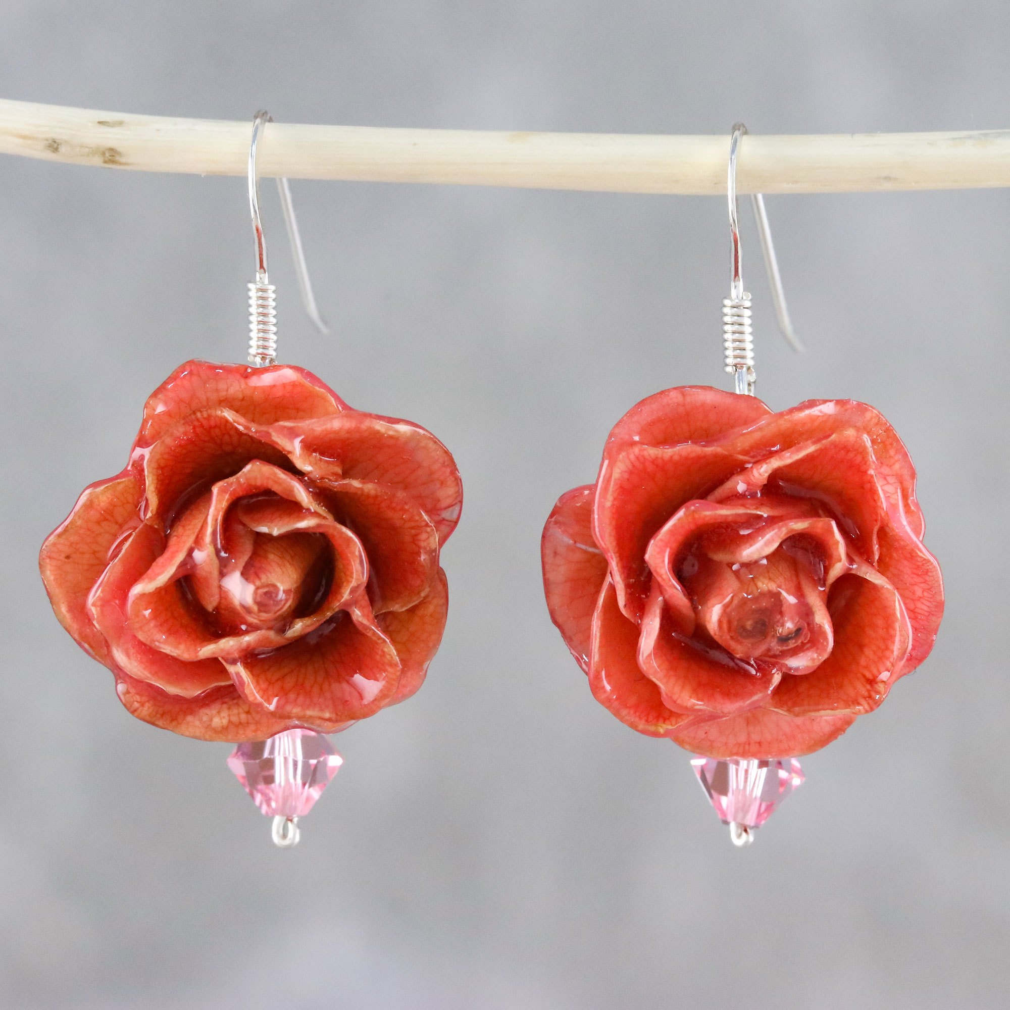 Pink flower resin dangle earrings