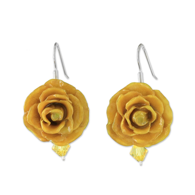 Natural flower dangle earrings, 'Captured Beauty in Yellow' - Resin Dipped Yellow Real Miniature Rose Dangle Earrings