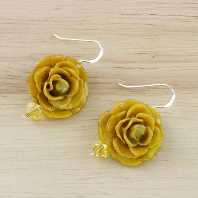 Pendientes colgantes flores naturales - Pendientes colgantes de rosas en miniatura amarillas sumergidas en resina