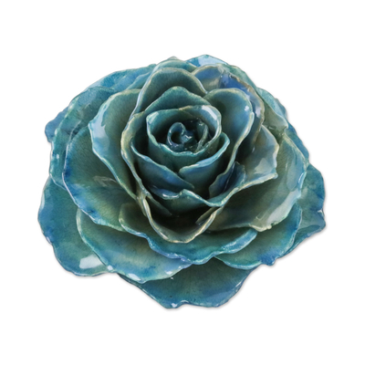 Natural flower brooch pin, 'Rosy Cheer in Teal' - Resin Dipped Teal-Colored Real Rose Brooch from Thailand