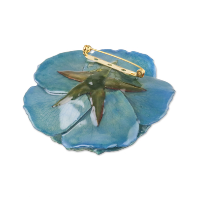 Natural flower brooch pin, 'Rosy Cheer in Teal' - Resin Dipped Teal-Colored Real Rose Brooch from Thailand