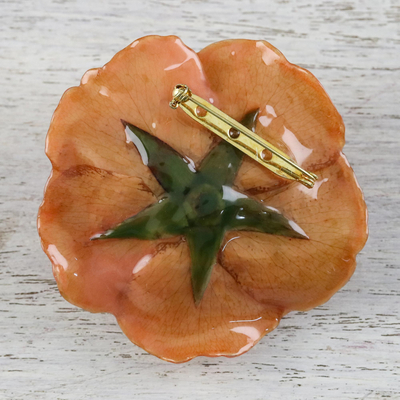 Natural rose brooch, 'Rosy Mood in Orange' - Handcrafted Natural Rose Brooch Pin in Orange from Thailand