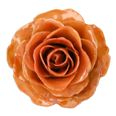 Natural rose brooch, 'Rosy Mood in Orange' - Handcrafted Natural Rose Brooch Pin in Orange from Thailand