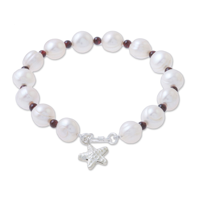 Cultured pearl and garnet beaded bracelet, 'White Starfish Love' - Cultured Pearl Garnet Hill Tribe Silver Starfish Bracelet