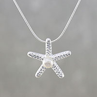 Cultured pearl pendant necklace, 'Joyful Starfish' - Karen Silver and Cultured Pearl Starfish Pendant Necklace