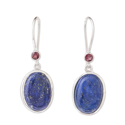 Sterling Silver Garnet and Lapis Lazuli Dangle Earrings