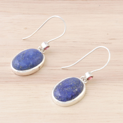 Lapis lazuli and garnet dangle earrings, 'Among the Stars' - Sterling Silver Garnet and Lapis Lazuli Dangle Earrings