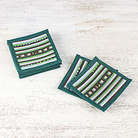 Cotton blend coasters, 'Lively Lahu in Emerald' (set of 6) - Striped Green Blue Brown Cotton Blend Coasters (Set of 6)